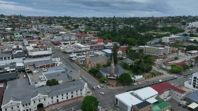 Rotating aerial of Mossel Bay city center, South Africa.
