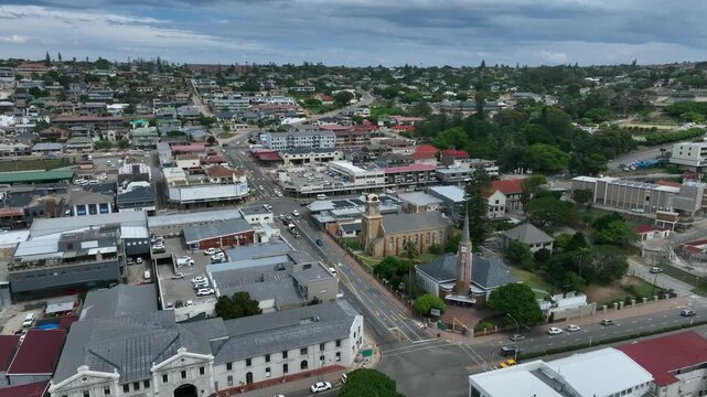 Aerial drone view of Mossel Bay city center, South Africa.