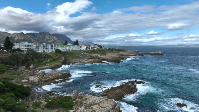 Aerial view with seaside cliffs in Hermanus in South Africa.