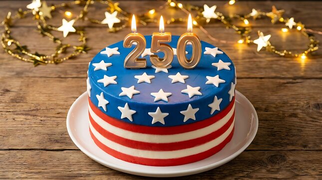 Festive 250th birthday cake with american flag design and golden number candles on wooden table