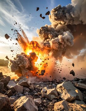 A massive explosion with a bright orange fire and dark smoke