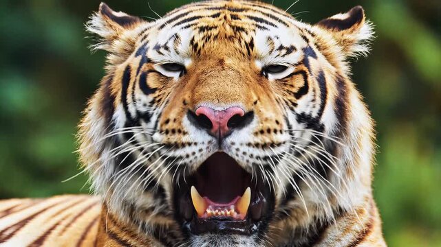 Closeup of a majestic tiger yawning widely showing its sharp teeth and pink tongue.