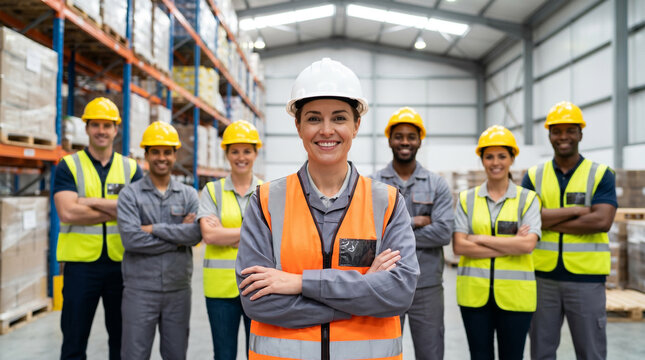Confident female supervisor leading diverse warehouse team in modern distribution center, standing among racks and conveyors, showcasing logistics operations, teamwork, safety, supply chain efficiency