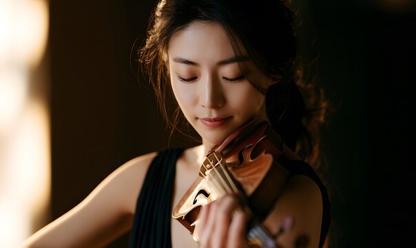 korean woman playing the violin, wearing a black evening dress, against a dark background with soft lighting and warm tones.