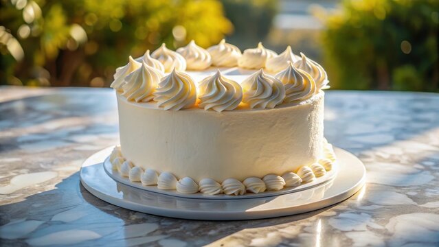 A realistic photo of Classic white cake with buttercream frosting is sitting on a marble background