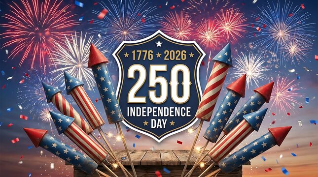 Festive independence day celebration with fireworks and patriotic rockets marking 250th anniversary in 2026