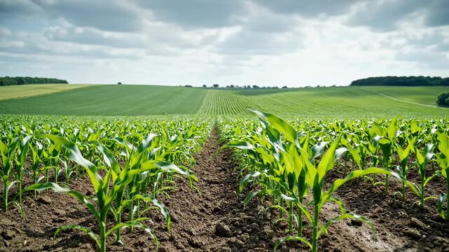 Vast Green Cornfield Under a Cloudy Sky with Rows Stretching to the Horizon.