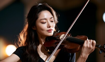 Fototapeta premium korean woman playing the violin, wearing a black evening dress, against a dark background with soft lighting and warm tones.