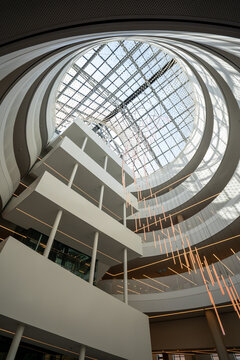 Interior view of Hazel McCallion Central Library with modern design. Mississauga, Canada - May 4, 2026.