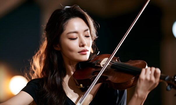 korean woman playing the violin, wearing a black evening dress, against a dark background with soft lighting and warm tones.