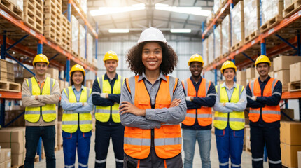 Obraz premium Confident female supervisor leading diverse warehouse team in modern distribution center, standing among racks and conveyors, showcasing logistics operations, teamwork, safety, supply chain efficiency