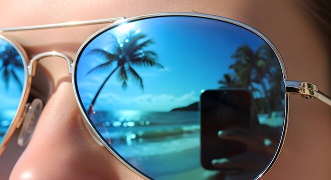 Sunglasses with tropical beach reflection