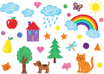 Obraz premium Children's drawing elements collage with hand drawn children elements illustration colorful childhood creative sketches isolated collection domestic daylight