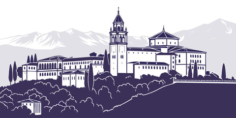 Fototapeta premium Granada Skyline Silhouette SVG | Alhambra Palace & Sierra Nevada Vector Wall Art