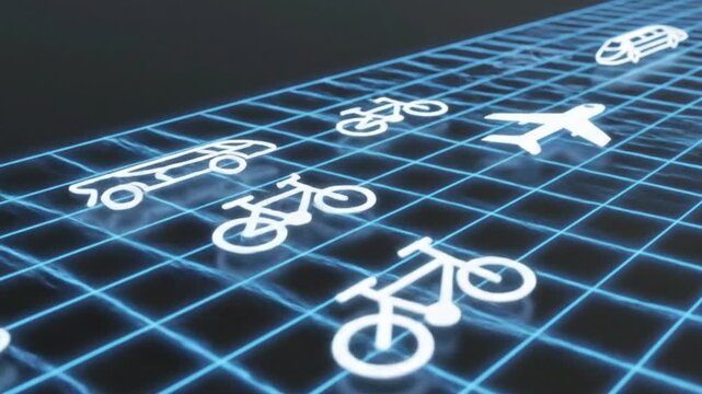 Futuristic Transportation Icons on Digital Grid - Cars, Bikes, Airplane