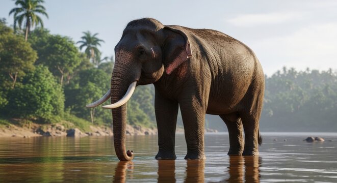 Majestic Asian elephant with large tusks standing in river water, wild elephant in tropical jungle landscape, exotic wildlife safari scene