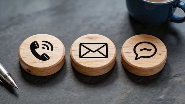 Three wooden discs with phone mail chat icons on dark slate coffee mug and pen nearby symbolizing modern communication methods for business or personal use in minimalist style