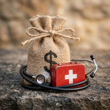 A burlap money bag with a dollar sign and a red first aid kit with a stethoscope around it, symbolizing healthcare costs and medical expenses