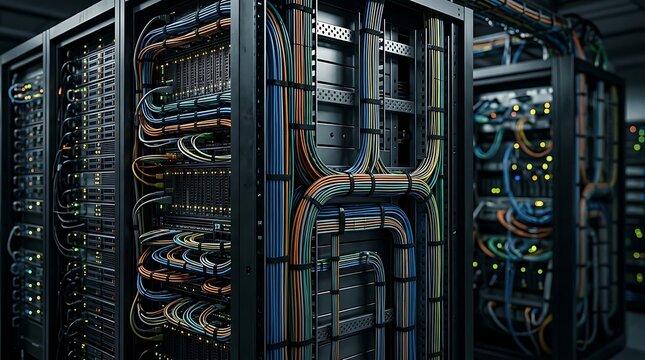 Network server room with organized cables and data center racks, emphasizing technology and infrastructure