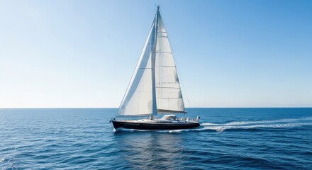 Fototapeta premium Sailing Yacht Navigating Open Ocean Under Clear Blue Sky.