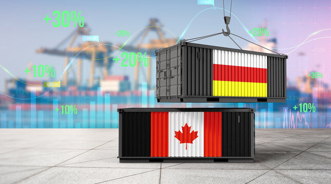 Global Trade: Two shipping containers, adorned with the flags of Canada and South Ossetia, are suspended in a bustling port, symbolizing international trade and economic exchange.