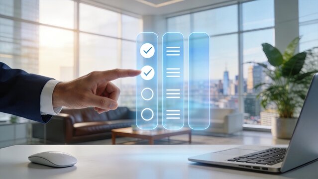 Businessman selecting checklist options on futuristic hologram interface in modern office digital transformation corporate strategy workflow management virtual reality technology