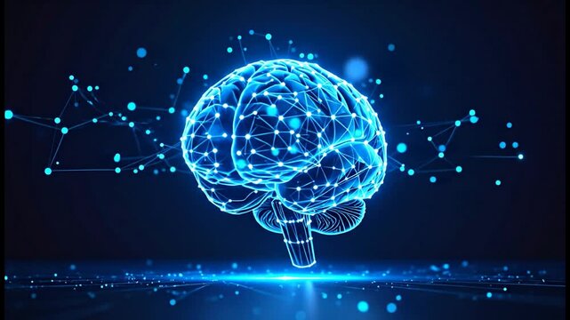 Glowing blue digital brain illustration.