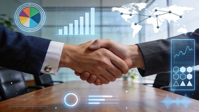 Business handshake with digital data charts and world map symbolizing partnership growth and global strategy in modern corporate environment