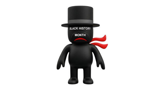 Stylized black character in top hat with red scarf and 'black history month' text on white background social issues african american character stylized celebration awareness