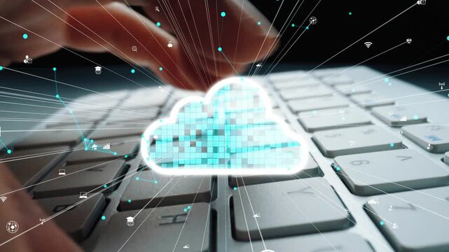 This image illustrates the concept of cloud computing, featuring a keyboard and an abstract cloud with data streams, symbolizing modern technology and digital connections. Xenic