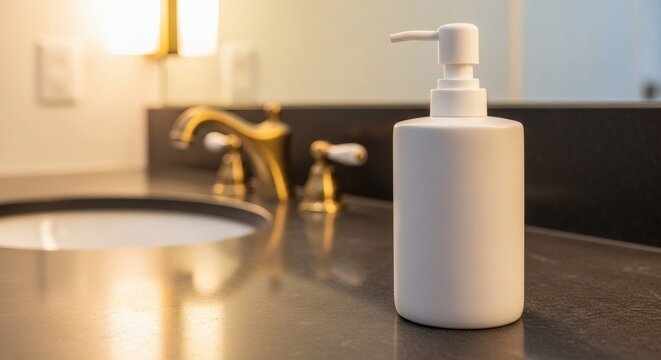 Plain White Ceramic Soap Dispenser on Dark Grey Soapstone &ndash; Luxury Bathroom Lifestyle Photography