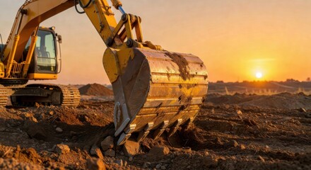 Fototapeta premium A robust yellow excavator's bucket is actively digging into dark soil at a construction site, illuminated by the warm glow of a golden sunset.