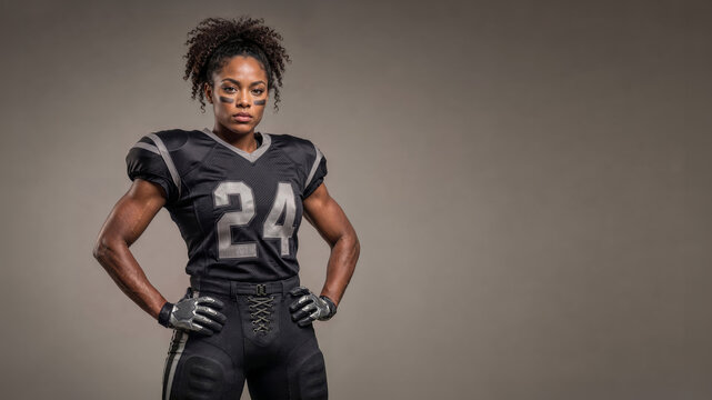 Determined female football player in black uniform poses with hands on hips against a smooth gray studio backdrop, projecting strength and focus.