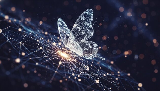 Monarch butterfly perched on glowing network node representing business development after transformation and digital growth. Business Strategy & Digital Transformation