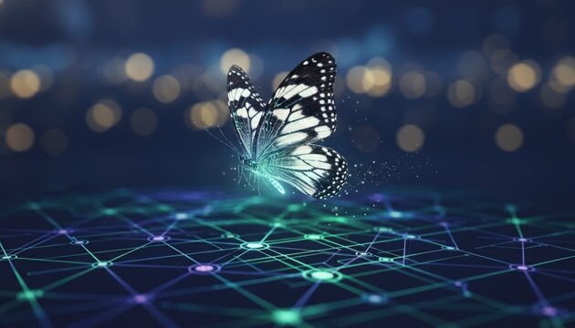Monarch butterfly perched on glowing network node representing business development after transformation and digital growth. Business Strategy & Digital Transformation