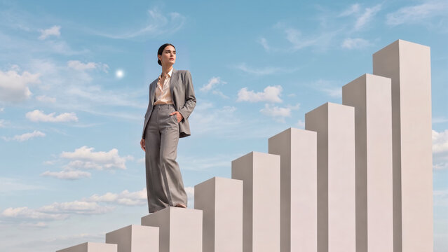 Woman in a gray pantsuit stands atop rising white pillars beneath a blue sky, creating a surreal business scene that suggests ambition and upward progress.