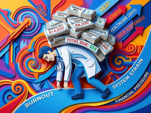 Doctor icon weighed down by bills, representing financial pressure and stress from healthcare costs, burnout, and system strain. visual metaphor for challenges faced in medical field