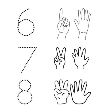 Educational math worksheet for tracing numbers 6, 7, and 8 with visual hand signals, ideal for primary education and digital learning resources.