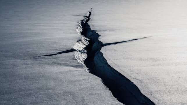 uriel. Aerial view of a deep lightning-shaped crack splitting a smooth glacier surface. travel magazines, destination branding, designed for travel destination branding, used by lab technicians.