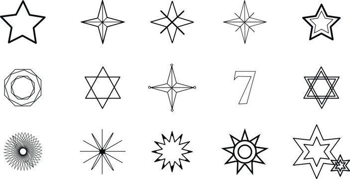 Variety of black and white star and geometric shape icons