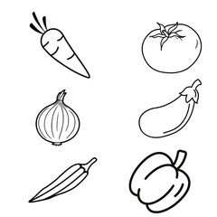 Versatile line art set of common vegetables including carrot, tomato, onion, eggplant, and bell pepper, designed for grocery store marketing and vegan cookbooks. © Abdul Rehman