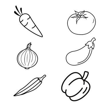 Versatile line art set of common vegetables including carrot, tomato, onion, eggplant, and bell pepper, designed for grocery store marketing and vegan cookbooks.