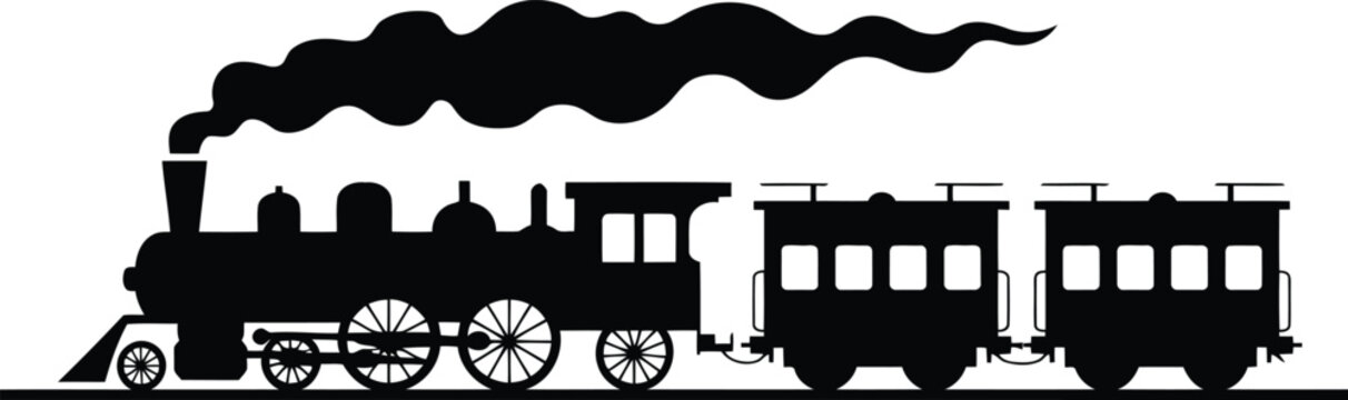 Vintage steam train illustration with black silhouette and plume of smoke retro transportation design