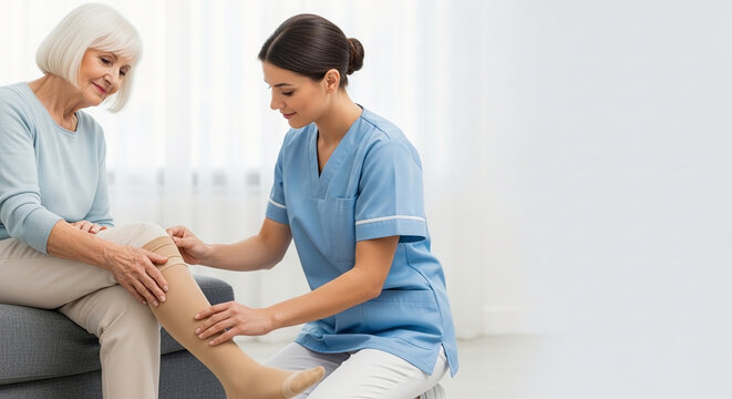 Professional caregiver helping elderly woman put on compression stocking for leg circulation, medical assistance and senior health care in a home setting.