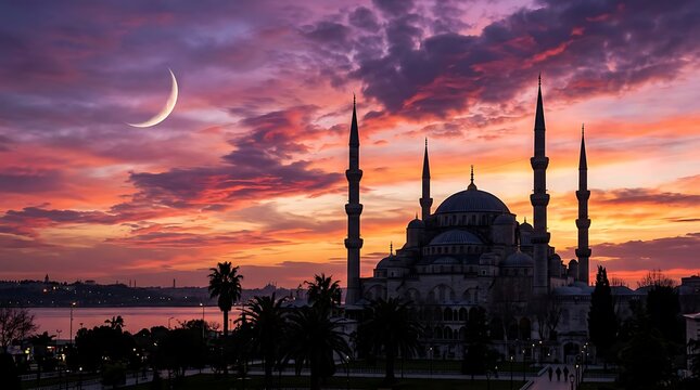 Beautiful Mosque Silhouette During Sunset with Crescent Moon.