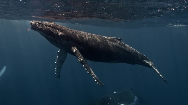 Underwater humpback whale herd swimming very close to camera together with newborn calf. Many whales playing swimming. Tender moment of new family. Amazing wildlife marine nature animals shot.