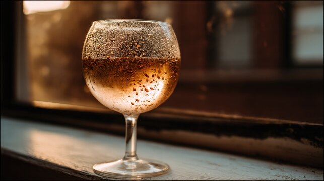 torrontes. A single glass of pale golden Torrontes wine with condensation on a plain surface. bar promotions, beverage menus, designed for food & beverage menus and cafe branding.