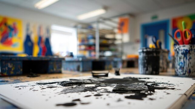 Artistic Workspace with Black Paint and Supplies