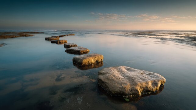 Golden Hour Stepping Stones Path Over Still Water