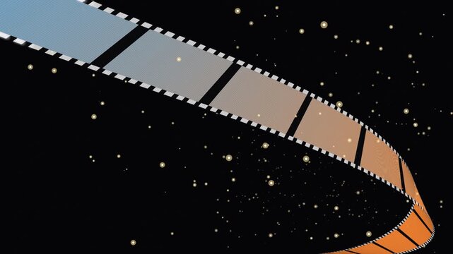 Photographic Film Strip Curving Through Space with Glowing Golden Particles and Bokeh Background for Cinema and Multimedia Production Projects